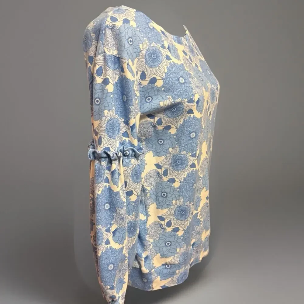 Kate Quinn Blouse Large Womens Organic Cotton Peasant Top White Blue Floral Twee - Picture 5 of 8